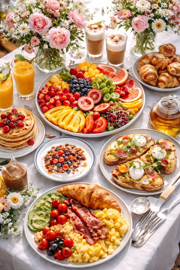 Food Brunch Fruit Pancakes Bacon Eggs